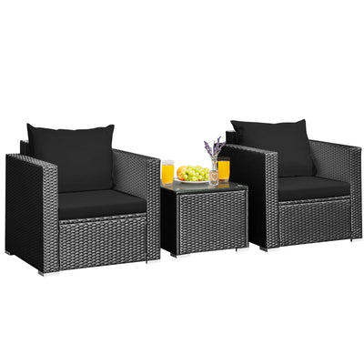 3 Pieces Patio wicker Furniture Set with Cushion-Black - Relaxacare