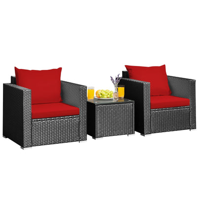 3 Pieces Patio wicker Furniture Set with Cushion-Red - Relaxacare