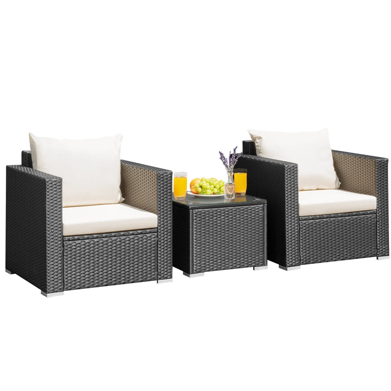 3 Pieces Patio wicker Furniture Set with Cushion-White - Relaxacare
