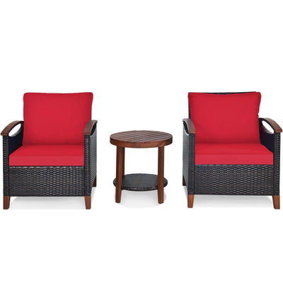 3 Pieces Patio Wicker Furniture Set with Washable Cushion and Acacia Wood Tabletop - Relaxacare