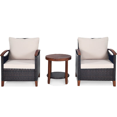 3 Pieces Patio Wicker Furniture Set with Washable Cushion and Acacia Wood Tabletop-Beige - Relaxacare