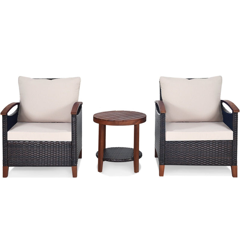 3 Pieces Patio Wicker Furniture Set with Washable Cushion and Acacia Wood Tabletop-Beige - Relaxacare