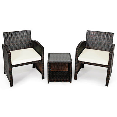 3 Pieces PE Rattan Wicker Furniture Set with Cushion Sofa Coffee Table for Garden - Relaxacare