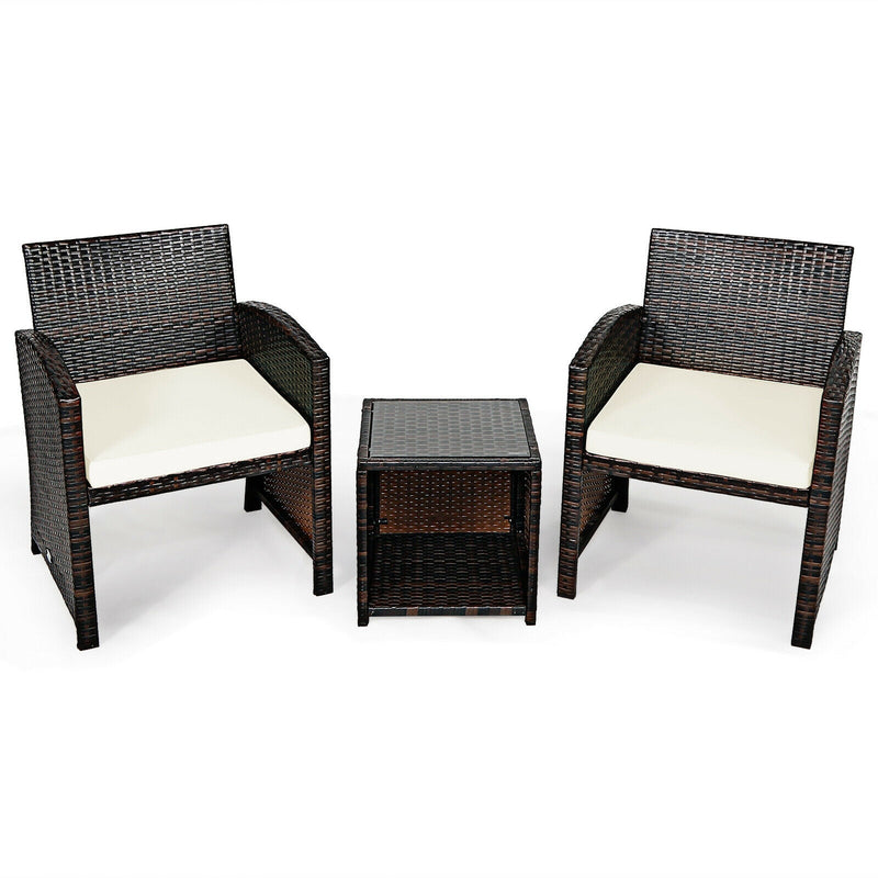 3 Pieces PE Rattan Wicker Furniture Set with Cushion Sofa Coffee Table for Garden - Relaxacare