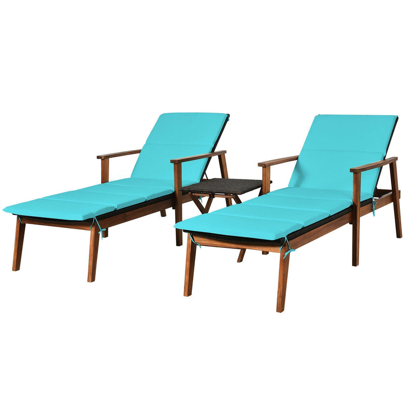 3 Pieces Portable Patio Cushioned Rattan Lounge Chair Set with Folding Table - Relaxacare