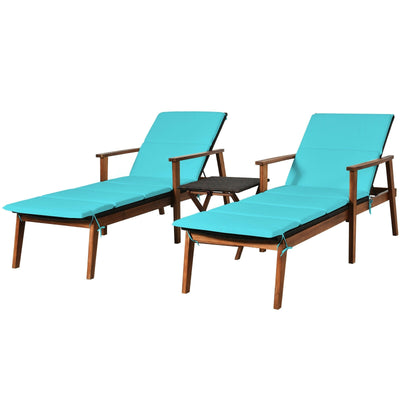 3 Pieces Portable Patio Cushioned Rattan Lounge Chair Set with Folding Table-Turquoise - Relaxacare