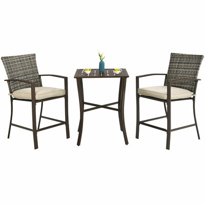 3 Pieces Rattan Bar Furniture Set with Slat Table and 2 Cushioned Stools-Brown - Relaxacare