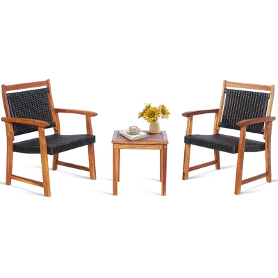 3 Pieces Rattan Bistro Set with Acacia Wood Frame for Garden - Relaxacare