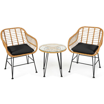 3 Pieces Rattan Furniture Set with Cushioned Chair Table-Black - Relaxacare