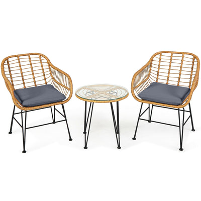 3 Pieces Rattan Furniture Set with Cushioned Chair Table-Gray - Relaxacare
