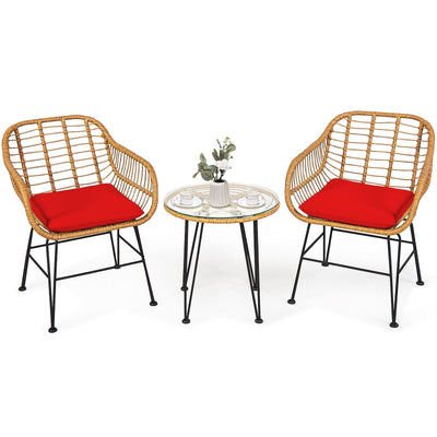 3 Pieces Rattan Furniture Set with Cushioned Chair Table-Red - Relaxacare