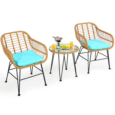 3 Pieces Rattan Furniture Set with Cushioned Chair Table-Turquoise - Relaxacare