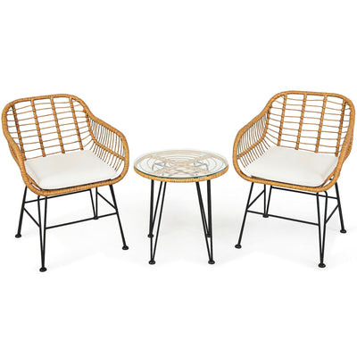 3 Pieces Rattan Furniture Set with Cushioned Chair Table-White - Relaxacare