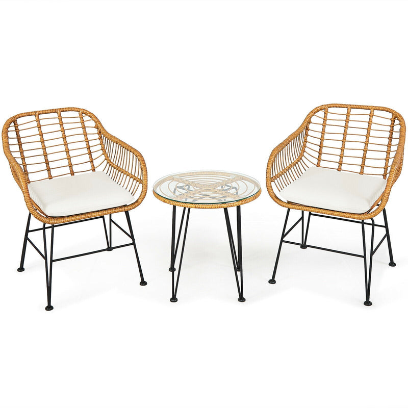 3 Pieces Rattan Furniture Set with Cushioned Chair Table-White - Relaxacare