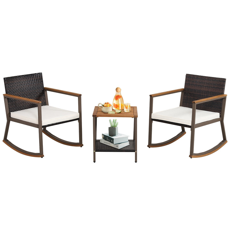 3 Pieces Rattan Rocking Bistro Set with Coffee Table and Cushions - Relaxacare