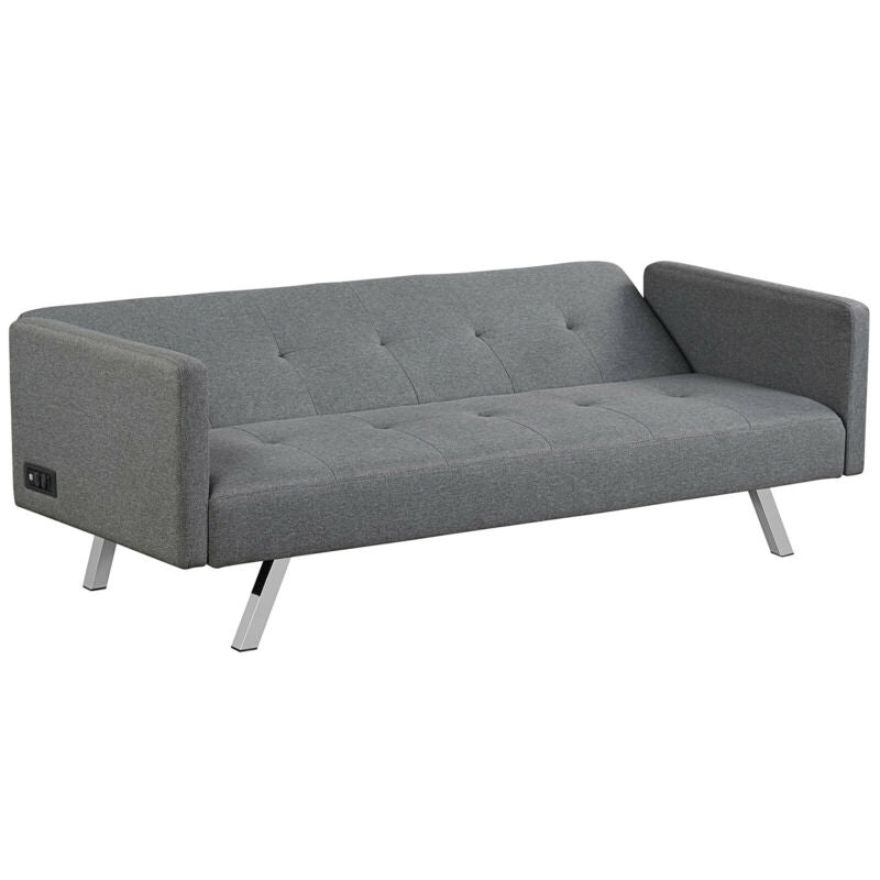 3 Seat Convertible Linen Fabric Futon Sofa with USB and Power Strip-Gray - Relaxacare