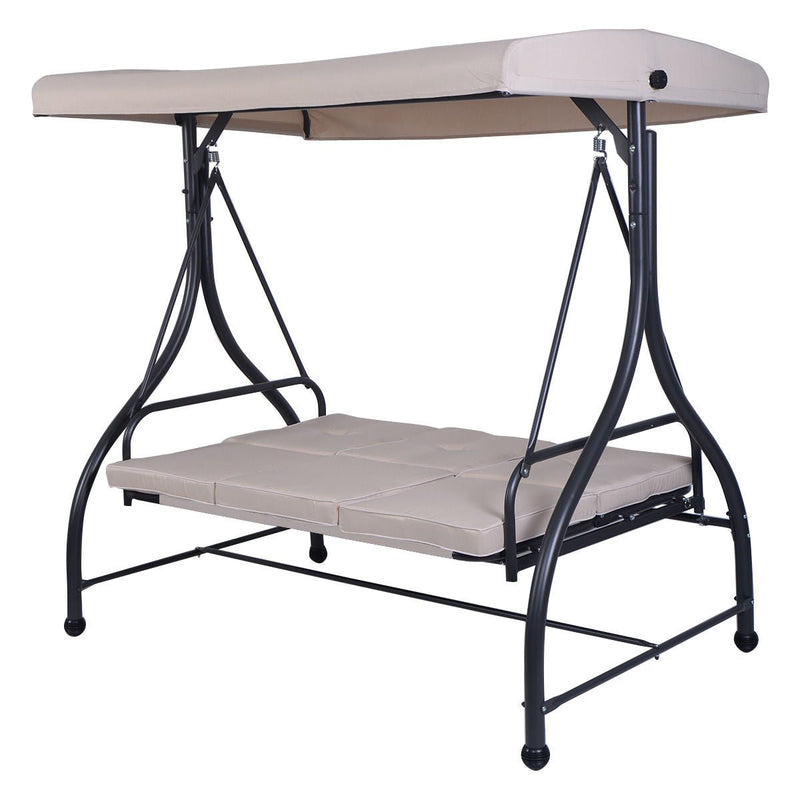 3 Seats Converting Outdoor Swing Canopy Hammock with Adjustable Tilt Canopy-Beige - Relaxacare