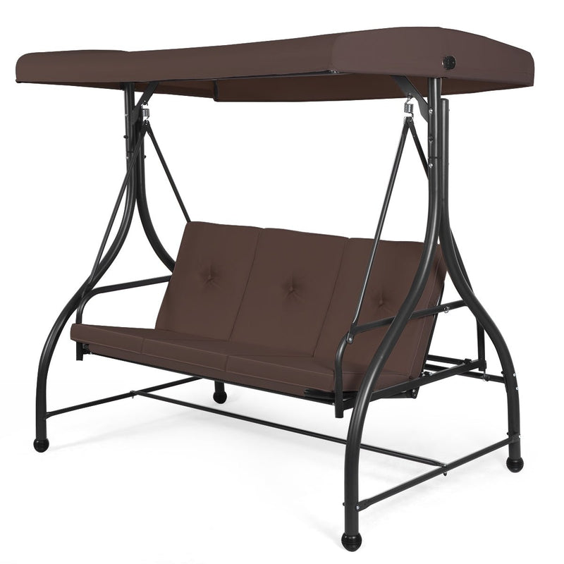 3 Seats Converting Outdoor Swing Canopy Hammock with Adjustable Tilt Canopy-Brown - Relaxacare