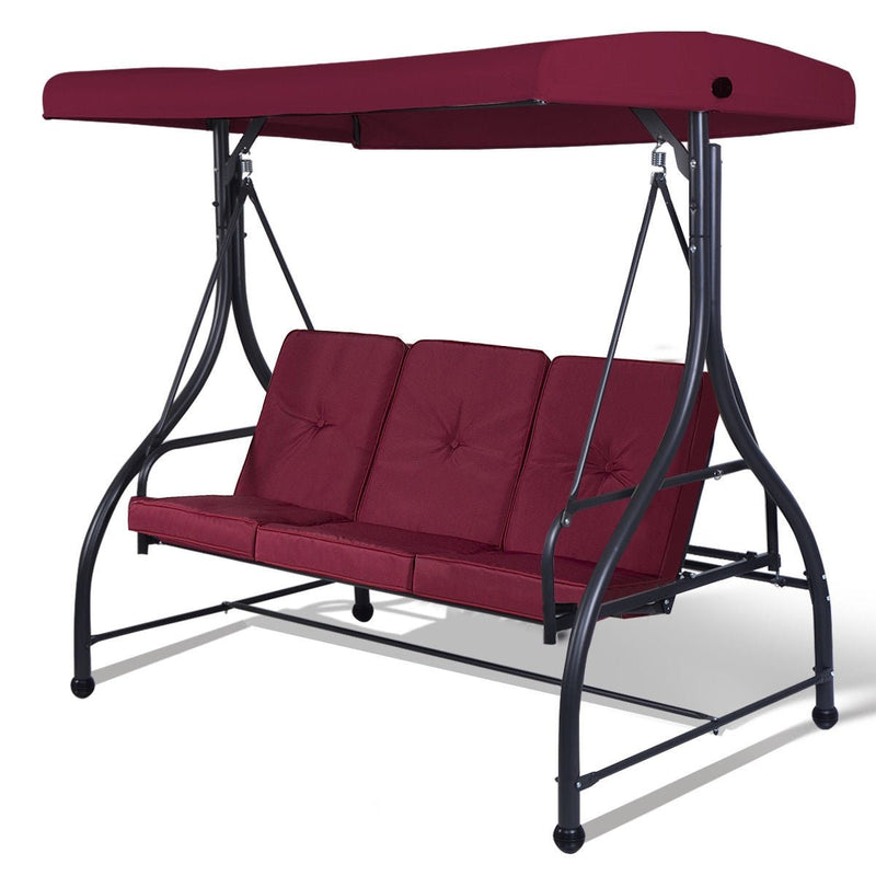 3 Seats Converting Outdoor Swing Canopy Hammock with Adjustable Tilt Canopy-Wine - Relaxacare