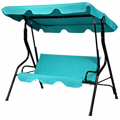 3 Seats Patio Canopy Cushioned Steel Frame Swing Glider Hammock-Blue - Relaxacare
