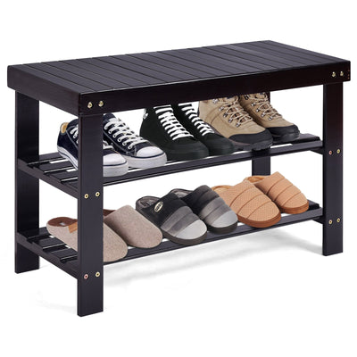 3 Tier Bamboo Bench Storage Shoe Shelf-Black - Relaxacare