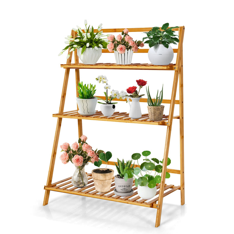 3-Tier Bamboo Foldable Plant Stand with Display Shelf Rack - Relaxacare