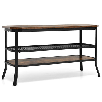 3-tier Console Table TV Stand with Mesh Storage Shelf-Rustic Brown - Relaxacare