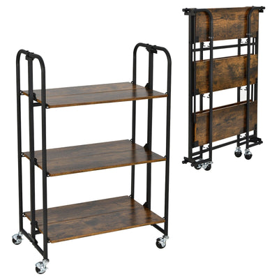 3-Tier Folding Kitchen Utility Serving Island Cart with Storage Shelves-Rustic Brown - Relaxacare