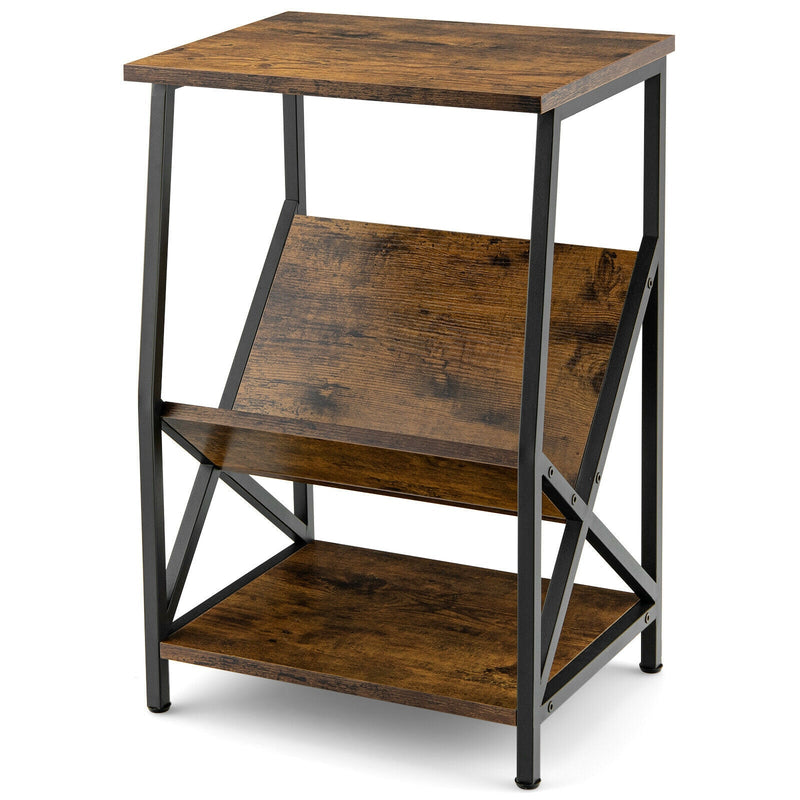 3-Tier Industrial Side Table with V-shaped Bookshelf for Living Room-Rustic Brown - Relaxacare
