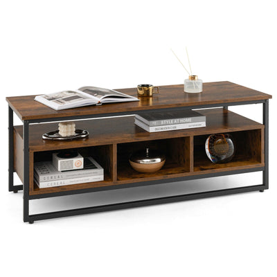 3-Tier Industrial Style Coffee Table with Open Shelf and 3 Storage Cubbies - Relaxacare