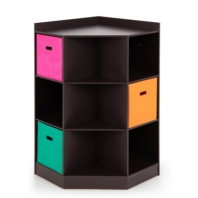 3-Tier Kids Storage Shelf Corner Cabinet with 3 Baskets-Brown - Relaxacare