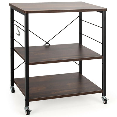 3-Tier Kitchen Baker's Rack Microwave Oven Storage Cart with Hooks-Charcoal Brown - Relaxacare
