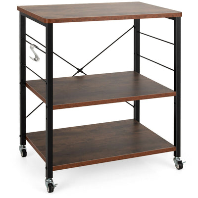 3-Tier Kitchen Baker's Rack Microwave Oven Storage Cart with Hooks-Rustic Brown - Relaxacare