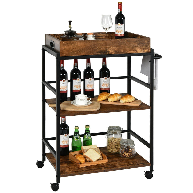 3-Tier Kitchen Serving Bar Cart with Lockable Casters and Handle Rack for Home Pub - Relaxacare