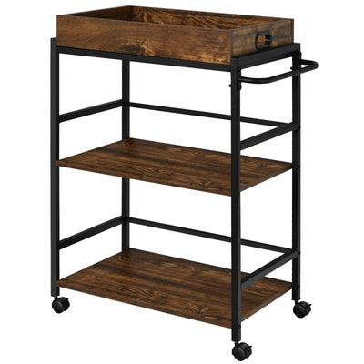 3-Tier Kitchen Serving Bar Cart with Lockable Casters and Handle Rack for Home Pub-Rustic Brown - Relaxacare