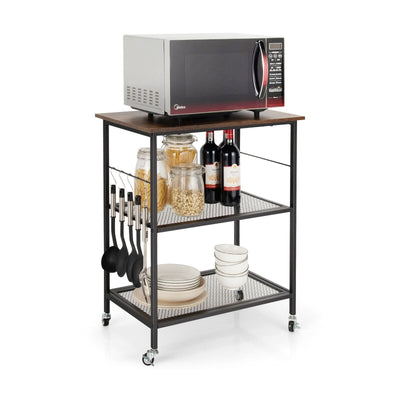 3-Tier Kitchen Serving Cart Utility Standing Microwave Rack with Hooks Brown - Relaxacare