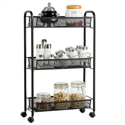 3-Tier Mesh Rolling Cart Mobile Organizer Stand Utility Cart Trolley - Relaxacare