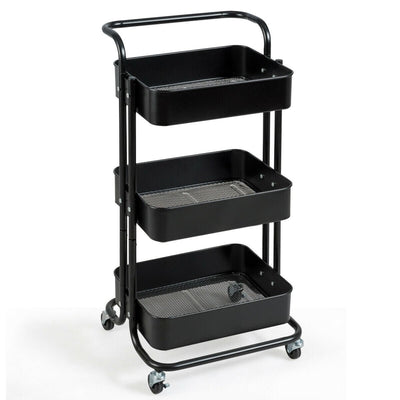 3-Tier Metal Rolling Storage Cart Trolley 2 Brakes with Handle-Black - Relaxacare