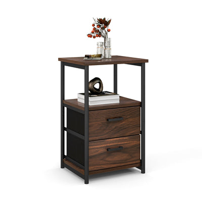 3-Tier Retro Nightstand with 2 Removable Fabric Drawers and Open Shelf-Walnut - Relaxacare