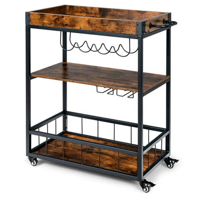 3-Tier Rolling Kitchen Bar Cart with Wine Rack-Rustic Brown - Relaxacare