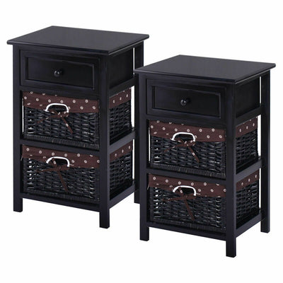 3 Tier Set of 2 Wood Nightstand with 1 and 2 Drawer -Black - Relaxacare