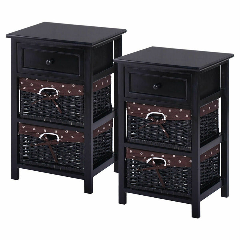 3 Tier Set of 2 Wood Nightstand with 1 and 2 Drawer -Black - Relaxacare