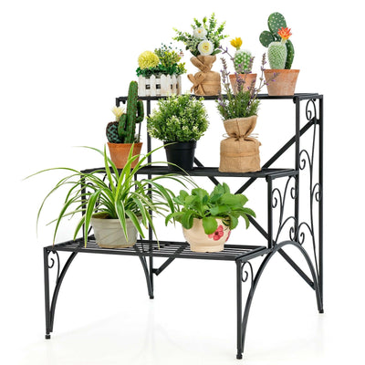 3 Tier Stair Style Metal Plant Stand Garden Shelf Flower Pot Display Rack-Black - Relaxacare
