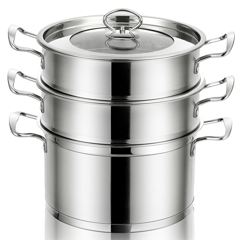 3-Tier Steamer Pot 304 Stainless Steel Steaming Cookware with Glass Lid - Relaxacare