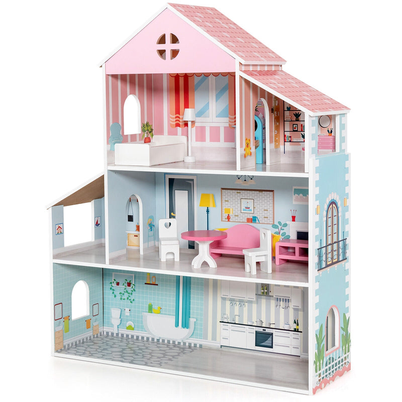 3-Tier Toddler Doll House with Furniture Gift for Age over 3 - Relaxacare