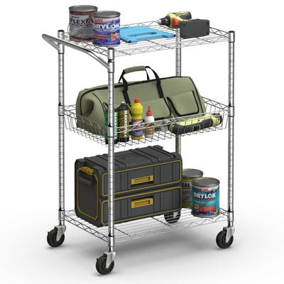3-Tier Utility Cart Heavy Duty Wire Rolling Cart with Handle Bar Storage Trolley - Relaxacare