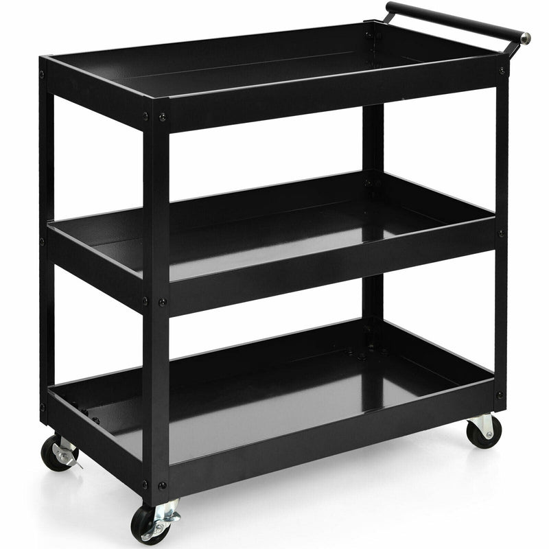 3-Tier Utility Cart Metal Mental Storage Service Trolley-Black - Relaxacare