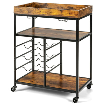 3-Tier Wood Rolling Kitchen Serving Cart with 9 Wine Bottles Rack Metal Frame-Rustic Brown - Relaxacare