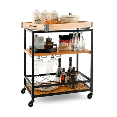 3 Tiers Industrial Bar Serving Cart with Utility Shelf and Handle Racks - Relaxacare