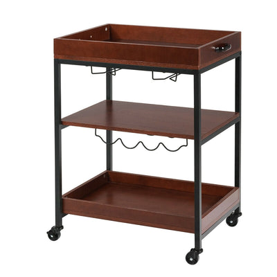 3 Tiers Kitchen Island Serving Bar Cart with Glasses Holder and Wine Bottle Rack - Relaxacare